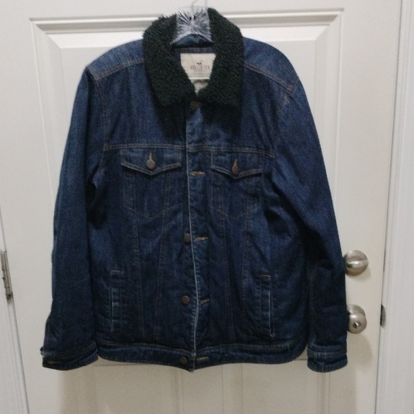 Hollister Size Large Dark Blue Denim Jacket with Black Fleece Collar - Picture 1 of 8